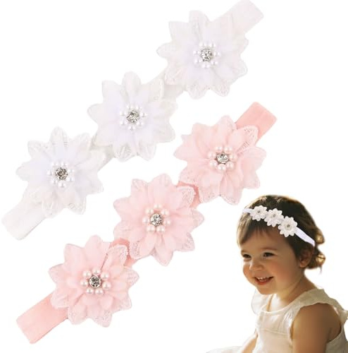 2 Stück Baby Stirnband Blumen, Baby Mädchen Stirnband mit Ripsband, Neugeborene Kleinkind Elastische Haarbänder, für Party, Taufe, Hochzeit, Familienfoto, Babys, Mädchen Geschenk, Fotografie