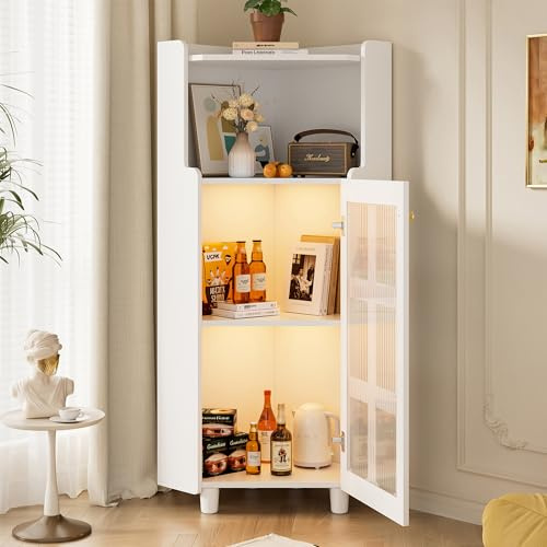 Kebnor Eck-Schrank mit Lackoberfläche & LED-Beleuchtung – Moderne Eck-Kommode mit App-Steuerung, für Wohnzimmer, Bücherregal, Badezimmer (63.5 * 124cm) (Weiß)