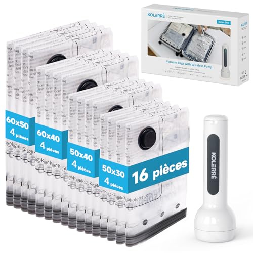 Sacs de rangement sous vide avec pompe à vide sans fil rechargeable, 16 pièces en 4 tailles (60x50 cm, 60x40 cm, 50x40 cm, 50x30 cm), adaptés au rangement des vêtements et des valises