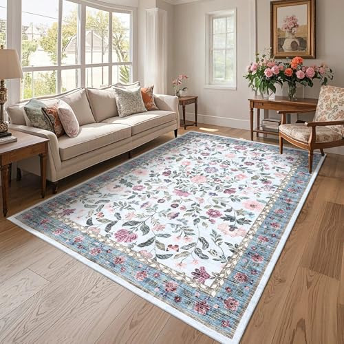 CAROMIO Wohnzimmerteppich 200x290 cm Vintage Blumenmuster Kurzflor Blau | Waschbarer Floraler Teppich für Schlafzimmer Kinderzimmer Esszimmer, Teppich Blumen, Boho, Rutschfest, Faltbar