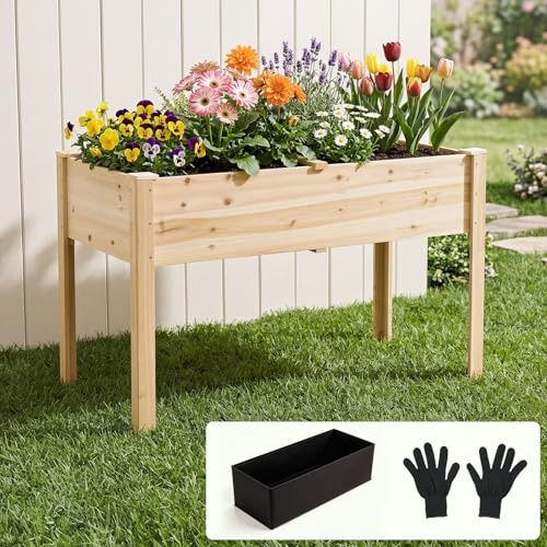 Warmiehomy Wooden Raised Garden Bed with Gloves and Liner, Elevated Garden Planter Box with Legs, Outdoor Raised Bed for Vegetables, Flowers, Herbs, 110.5 X 59 X 76.5 cm, Natural