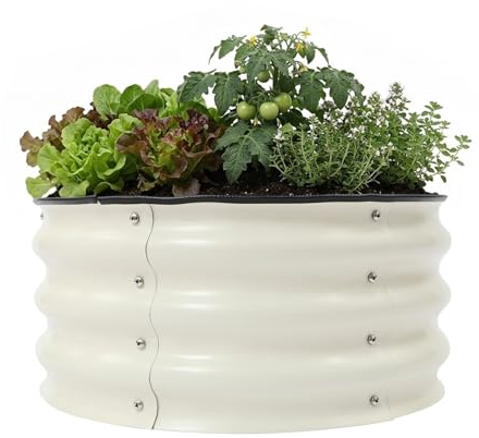 innytund Metall Hochbeet Rund, Verzinkter Pflanzkübel 60x28cm, Wetterfestes Garten Hochbeet aus Metall für Gemüse Blumen Kräuter, 0.6mm Stärke, inkl. Kantenschutz & Handschuhe, Weiß