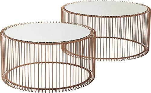 Kare Design Couchtisch Wire, Kupfer, 2er Set, rund, verpiegelte Tischplatte, Moderner Glastisch, Großer Beistelltisch, Kaffeetisch, Nachttisch, 60/70cm Durchmesser