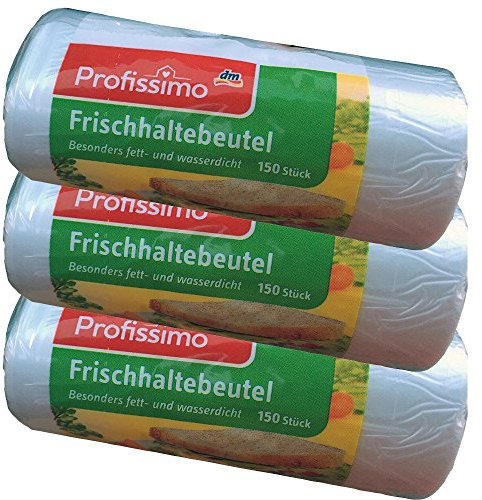 Profissimo Tragegriff Frischhaltebeutel, 25 cm x 26 cm, 3er Pack (150 Stck. Packung, Wiederverwendbar, Polyethylen (PE), Kordelzug, Fett- und wasserdicht, Rechteckig)
