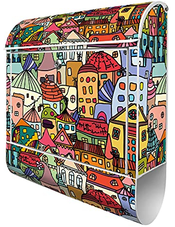 banjado® Design Briefkasten mit Funky Town 38,5x46,5x13cm & 2 Schlüssel - Briefkasten Stahl weiß mit Zeitungsfach pulverbeschichtet - Postkasten A4 Einwurf inkl. Montagematerial