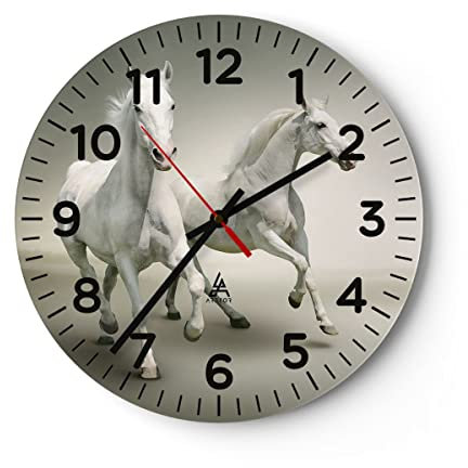 Modern Wanduhr Tiere Araber Pferd Bauernhof 30x30cm Rund Klein Wand Uhr Glas Analog Zimmeruhren Küche Büro Wohnzimmer Glasuhr Wall Clock Dekoration Design Wanddekoration Küchenuhr C4AR30x30-2387