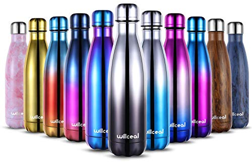 Stainless Steel Double Wall Vacuum Insulated Water Bottles 500ml by Willceal, Leak Proof Keep Cold and Hot Drinks Bottle for Outdoor Sports Camping (Black+Silver)