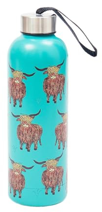 Eco Chic Bouteille thermique réutilisable | Bouteille de voyage isotherme en acier inoxydable avec couvercle anti-fuite | Utilisable pour boissons chaudes et froides (Vache des Highlands Sarcelle)