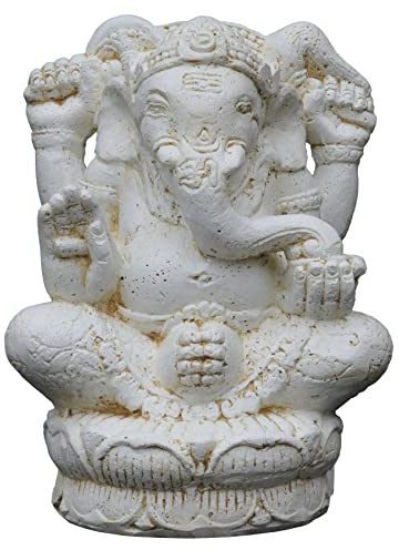 STONE art & more Ganesha Figur Statue, sitzend, 40 cm, weiß antik, Steinfigur, Garten Deko, Steinguss, frostfest