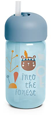 Suavinex, Tasse à Paille Anti-Fuites pour bébé. Tasse d'Apprentissage avec Paille en Silicone. Hygiénique, Anti-goutte et avec Couvercle Giratoire. 340 ml, +18 Mois, Bleu