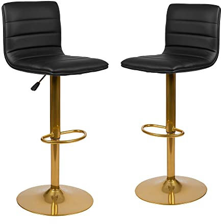 Flash Furniture Vincent Lot de 2 tabourets de Bar Modernes réglables en Vinyle Noir avec Dossier et Base sur Pied doré