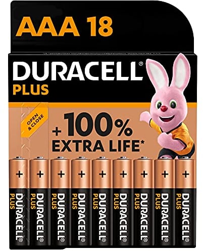 DURACELL Batterie Plus AAA (Confezione da 18) – Batterie Alcaline da 1,5 V – Fino al 100% di durata extra con Attivi POWER BOOST – Affidabilità per i dispositivi di utilizzo quotidiano - LR03 MN2400
