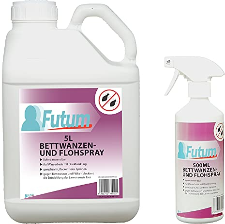 Futum 5L+500ml Bettwanzenabwehr/Flohabwehr-Spray, hochwirksam bei Flöhe, Wanzen, Larven & Eier, auf Wasserbasis, fleckenfrei, ohne Treibgase, mit Stopp Wirkung