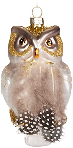 BRUBAKER Eule Gold - Handbemalte Weihnachtskugel aus Glas mit Federn - Mundgeblasener Christbaumschmuck Figuren Lustig Deko Anhänger Baumkugel - 10,8 cm