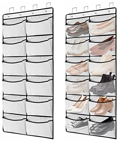 VASZOLA 2 Packs Over the Door Shoe Organizer, 24 Extra Large Mesh Pockets Hanging Shoe Boots Rack Holder, Closet Hanging Organizers for Storage Sneakers High Heeled Shoes Slippers (White)