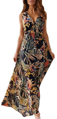 TOPLAZA Robe de Plage Longue Femme Décolleté en V Impression de Plantes Tropicales, Noir, M