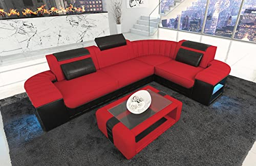 Sofa Bergamo L Form Stoffsofa Couch - mit LED Beleuchtung, verstellbare Kopfstützen, Recamiere/Mikrofaser/Ausrichtung wählbar (Ecke rechts, Rot-Schwarz C134)