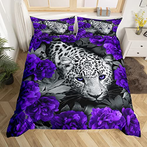 Homewish 3D Leopard Duvet Cover Purple Rose Cheetah Print Bedding Set King Size African Safari Animals Comforter Cover For Child Teens Youth Man Novelty Big Cat Wildlife Wild Animal Room Decor