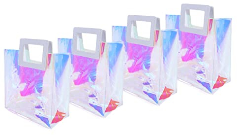 4 Stück Holografische Transparente Einkaufstasche, Schillernde Wiederverwendbare Transparente Tasche Geschenktüte mit Griff 7,7 X 3,7 X 7,9 Zoll PVC-Handtaschen-Wickeltasche für Party, Geburtstag