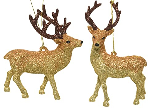 Kaemingk Christbaumschmuck Kunststoff 11cm x 1 Stück Sortiert Hirsch mit Glitzer bruchsicher Gold