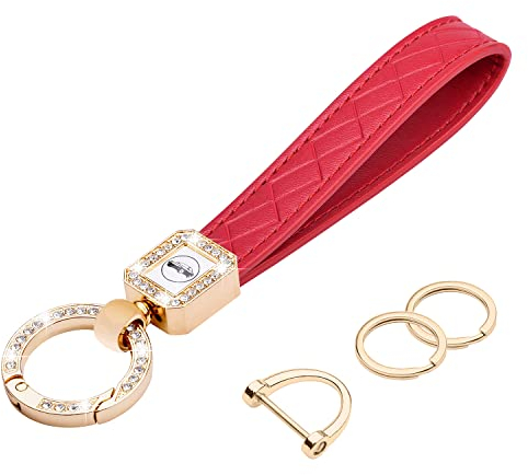wisdompro Bling Leather Porte-clés de voiture universel en cuir microfibre avec strass brillants et anneau en D anti-perte pour homme et femme - Rouge
