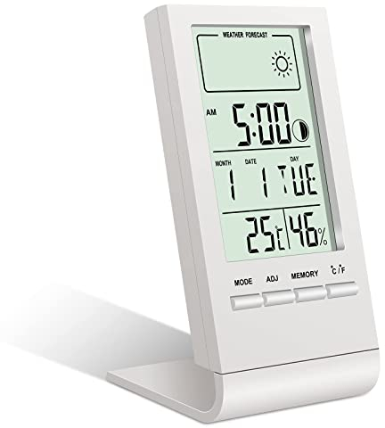 Flintronic Thermometer Hygrometer Innen, Wettervorhersage Hygrometer, Mini LCD Anzeige Von Datum, Zeit Temperatur, Luftfeuchtigkeitsmesser für Innenbereich, Zuhause,Büro, Schule, Hotel und Gewächshaus