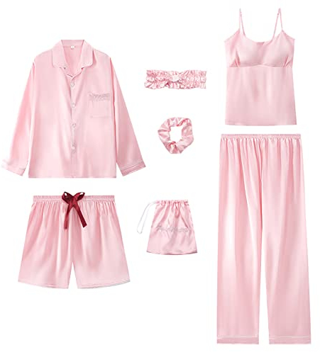 Jamron Damen 7PCS Satin Pyjama Set Frühling Sommer Herbst Tops & Kurze Hose Nachtwäsche SN07655 Rosa M