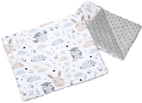Medi Partners Babydecke Krabbeldecke mit Kissen 100% Baumwolle Minky Kinderdecke 55x75 + 35x30cm multifunktional für Kinderwagen Babyschale Wiege (Lichtung mit grauem Minky)