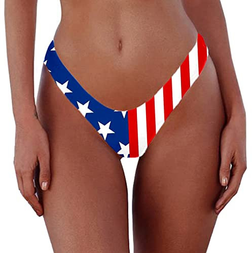 Women's Sexy Cheeky Brazilian Cut Bikini Bottom Solid Low Rise High Leg Thong Swimsuit Bottom, National Flag, Large