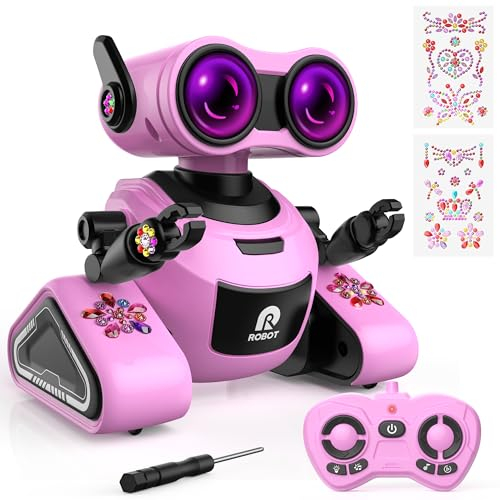 Yerloa Ferngesteuerter Roboter für Kinder Ab 4 Jahre - Mit 3D Aufklebern, Musik und Lichtern - Geschenk für Mädchen und Jungen 3-8 Jahre, Rosa