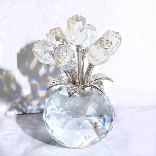Crystal Clear Rose Bouquet Flower with Vase Figurine Ornament, Glass Roses Floral Collectible Romantic Gifts for Women Her Wife on Valentine's Christmas Anniversary Wedding Party Centerpiece