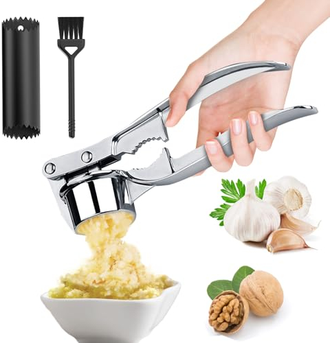 Presse Ail avec Epluche Ail en Silicone et Brosses,Presse-ail Manuel,Ecrase Ail Idéal pour Hacher l'ail (Stile 1)