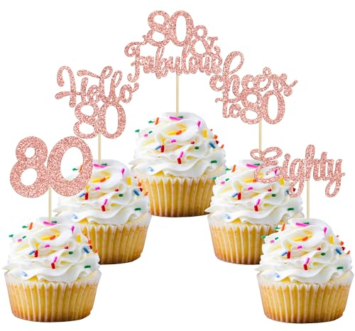 30Pcs Happy 80th Birthday Cupcake Toppers Eighty Cheers to 80 Years Old Birthday Cupcake Picks for Happy 80th Birthday Anniversary Party Cake Decorations Rose Gold Glitter