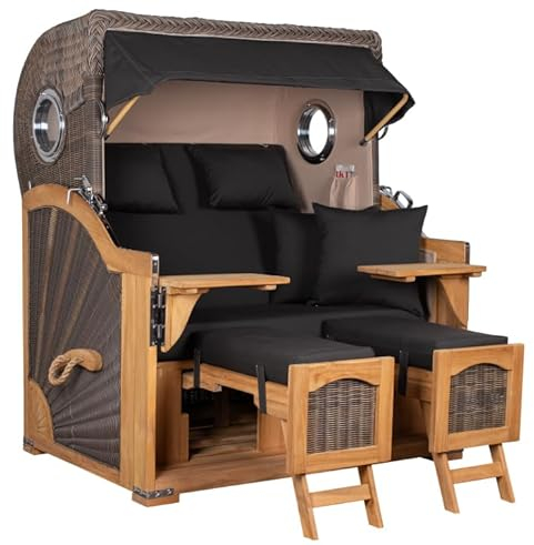MR. DEKO® Strandkorb Düne Grande XL 2,5-Sitzer Teak | PE Geflecht Grey - Dessin 548 | Volllieger Strandstuhl mit Bullauge inkl. 2 Fußablagen | je 2 Kissen und Nackenkissen | Strandkörbe aus Teakholz