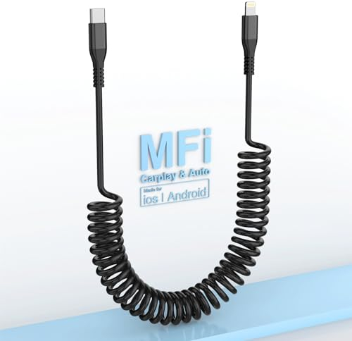 Cable Espiral USB C a Lightning Cable, MFi Certified Apple Carplay & Data Sync Cable Corto de Carga Rápida iPhone Car iPhone 14 Pro Max/14 Pro/14/13 Pro Max/13 Pro/13/12 Pro/ 11/Xs/XR/8/iPad/AirPods