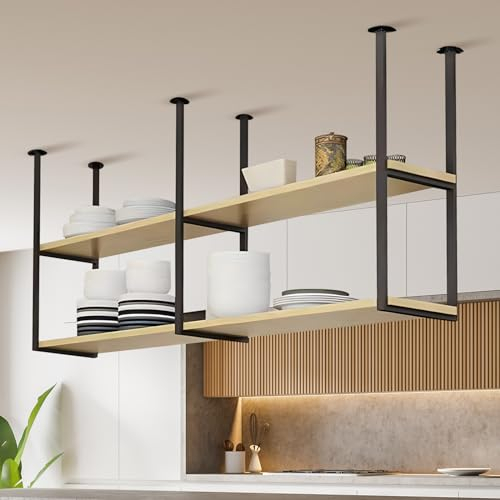 robwibw Deckenregal Hängend Industrie Deckenregal Decken Weinregal 2-Schicht, Eisen Hängeregal Küche Für Restaurant, Bar, Cafe, Küche (120 * 30 * 60cm)