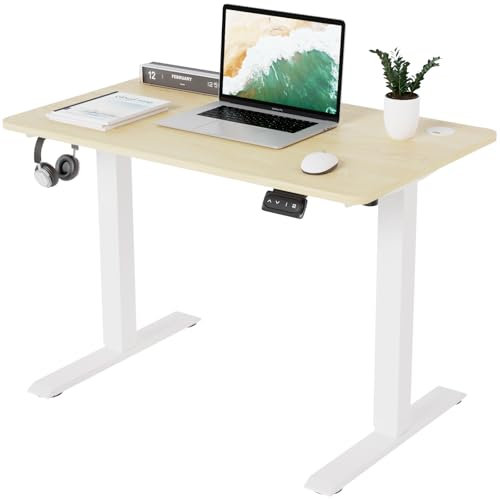 TRIUMPHKEY Mesa elevable 100x60cm,Standing Desk,Escritorio Elevable Eléctrico con 2 Alturas de Memoria, Agujero Pasante, Escritorio de Altura Ajustable 71-119cm Beige