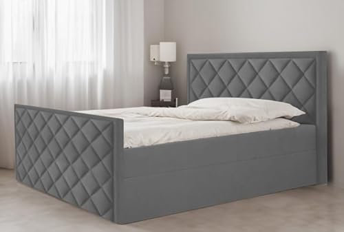 Generisch Bett Doppelbett Boxspringbett Fußteil DORI 2 mit Bonell-Matratze und Topper T25 + 2 Bettkästen, H3 (Dunkelgrau - Itaka 14, 180x200 cm)