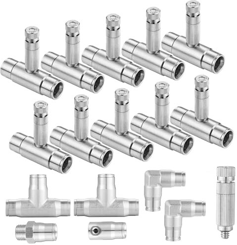 Mornajina 27 boquillas de nebulización de bloqueo deslizante con conector deslizante para kit de tubos de riego por goteo de 3/8 pulgadas, incluye 11 boquillas Mister Orificio de 0.01 pulgadas, 16