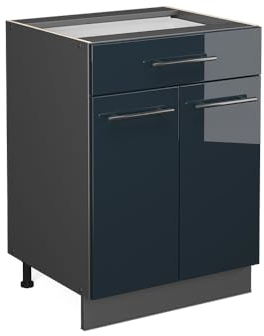 Vicco Küchenunterschrank Fame-Line, Dunkelblau Hochglanz/Anthrazit, 60 cm mit Schublade, AP Eiche