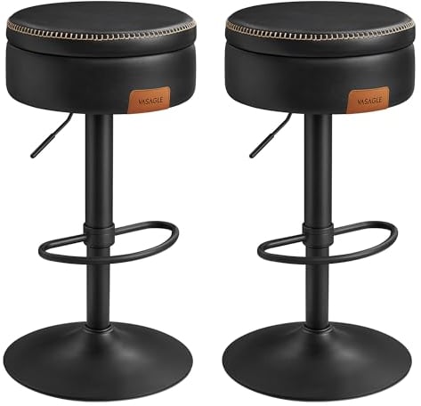 VASAGLE EKHO Collection - Tabouret de Bar Pivotant à 360°, Lot de 2, Hauteur Réglable, avec Rangement, PU avec Coutures, Style Moderne Mi-siècle, pour Cuisine, Bar, Montage Facile, Noir d Encre
