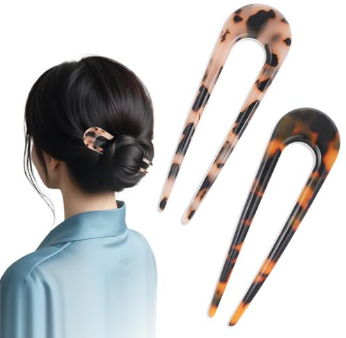 2 Pack U Shaped Hair Pin French Hair Pins French Style Cellulose Acetate Tortoise Shell Fork Sticks Updo Chignon Pin 2 Prong Updo Chignon Pin for Women Girls Hairstyle Accessories, 10 * 3cm
