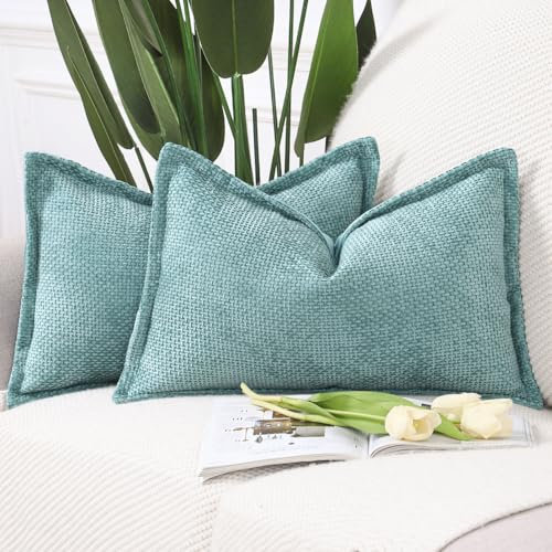 Madizz 2er Set Chenille Samt mit Rand Kissenbezüge Weiche Dekorativ Zierkissenbezüge Modern Kissenhülle für Sofa Wohnzimmer Schlafzimmer Türkis 30x50 cm