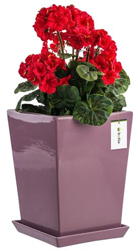 Macetero con plato, maceta cuadrada para flores, 17 cm x 24 cm, superficie brillante rosa, simple y minimalista, interior alto, desagüe inferior, soporte para orquídeas, jarrón de cerámica, moderno