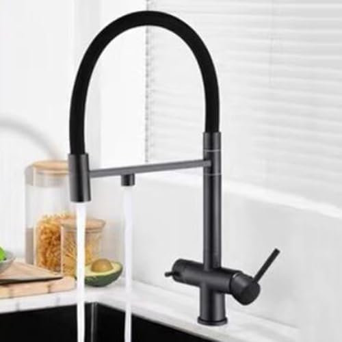 Rubinetto Cucina 3 Vie Estraibile Girevole 2 Maniglie Acqua Fredda e Calda Ottone Miscelatore Cucina 3 Vie-Nero