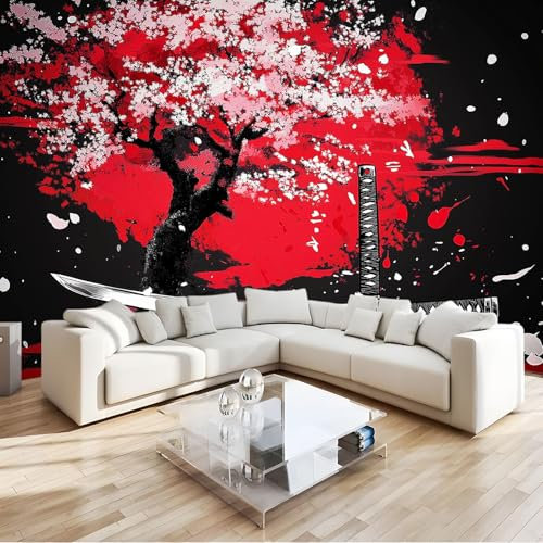 Fototapete Japanische Kirschblüten Katana Rot Tapete 200x140 cm 3D Vlies Wanddeko Wallpaper Wandtapete Dekoration Study Zimmer Wohnzimmer Restaurant Cafe