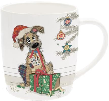 Christmas Mug, Stylish Mug Barrel Coffee Mug, Large Mug for Hot Drinks, Tea Cup, in matching Gift Box, by Bug Art (Dog/Mutt 6675)