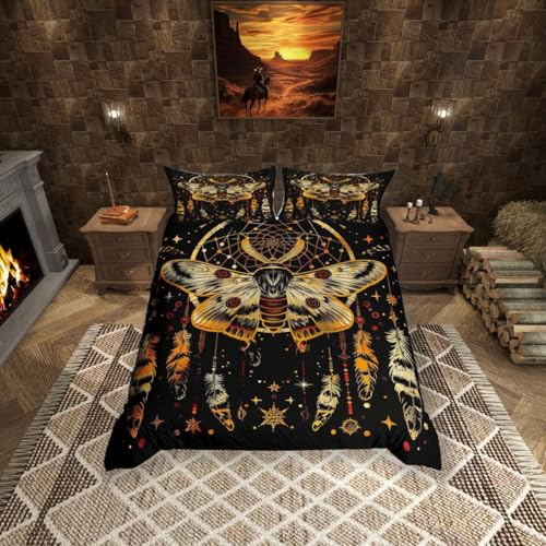 Bettbezug mit psychedelischer Motten-Motiv, Doppelgröße, Stern-Mond-Bettbezug für Erwachsene und Kinder, Schlafzimmer-Dekoration, Traumfänger-Federn, exotischer Charme, dekoratives Bettwäsche-Set