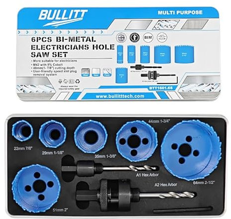BULLITT 6PCS Bi-Metal Electricians Hole Saw Set,22-64mm 8% Cobalt M42 Hole Saw Kit with 2 Arbors and a Hexagonal Wrench for Wood,Metal,Plastic,Cutting Depth:48mm