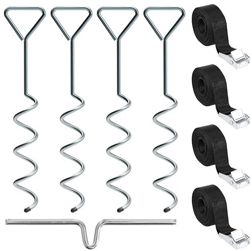 NewHabitat | 4X Erdanker Bodenanker aus Stahl inkl. Gurte | Erdanker Set für Trampolin, Zelt, Pavillion & Schaukel, 9-teiliges Set, 38cm (Silber)